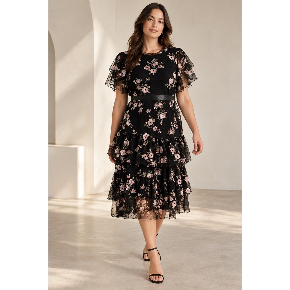 Rachel Parcell Tiered Mesh Dress Womens XL Black Embroidered Floral Midi Wedding